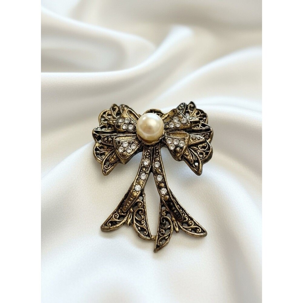 Vintage Gold Tone Bow Brooch Faux Pearl & Rhinestones 1.5 Inch